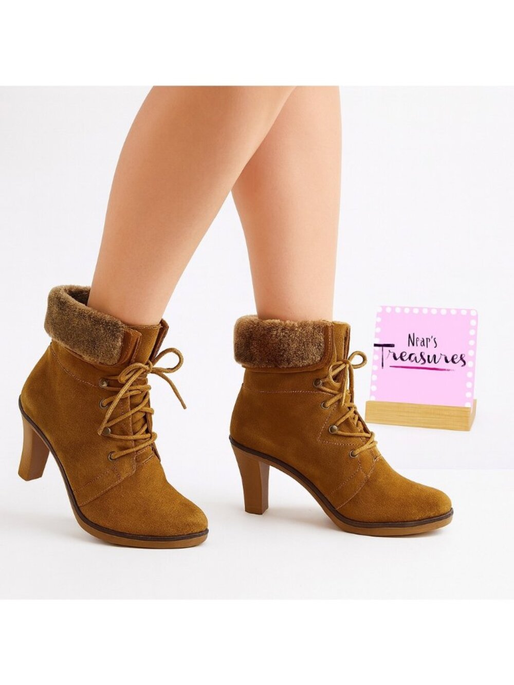 Johnston & Murphy BRISA Tan Suede Faux Fur Trim Lace Up Ankle Boots Size 8.5 M